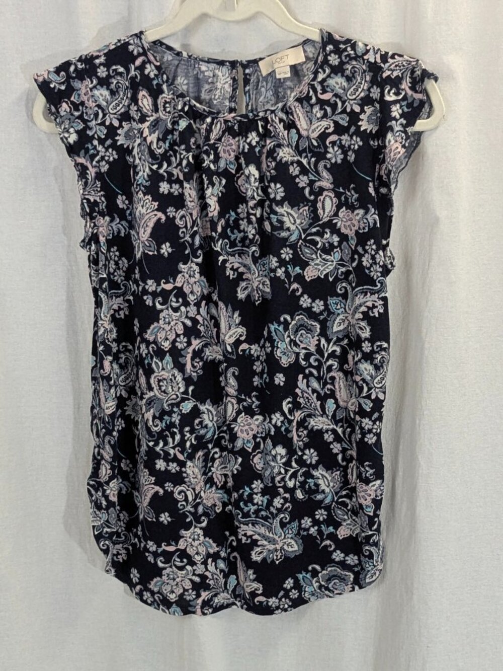 Loft Outlet Size Petite Medium Cap Sleeved Tunic Style Top Navy Floral Pattern